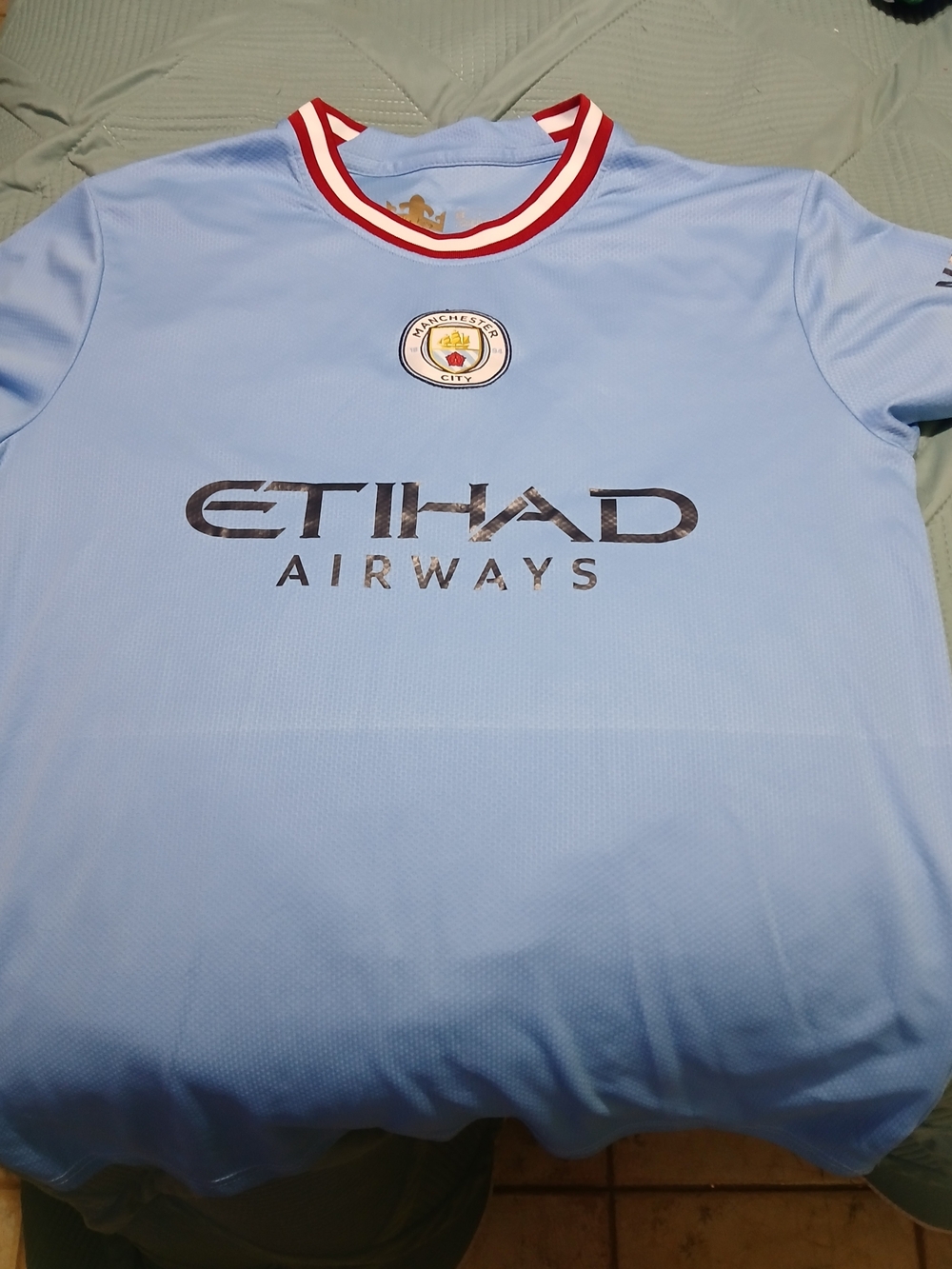 Manchester City Home Jersey Light Blue with Red-Trim Collar Etihad L